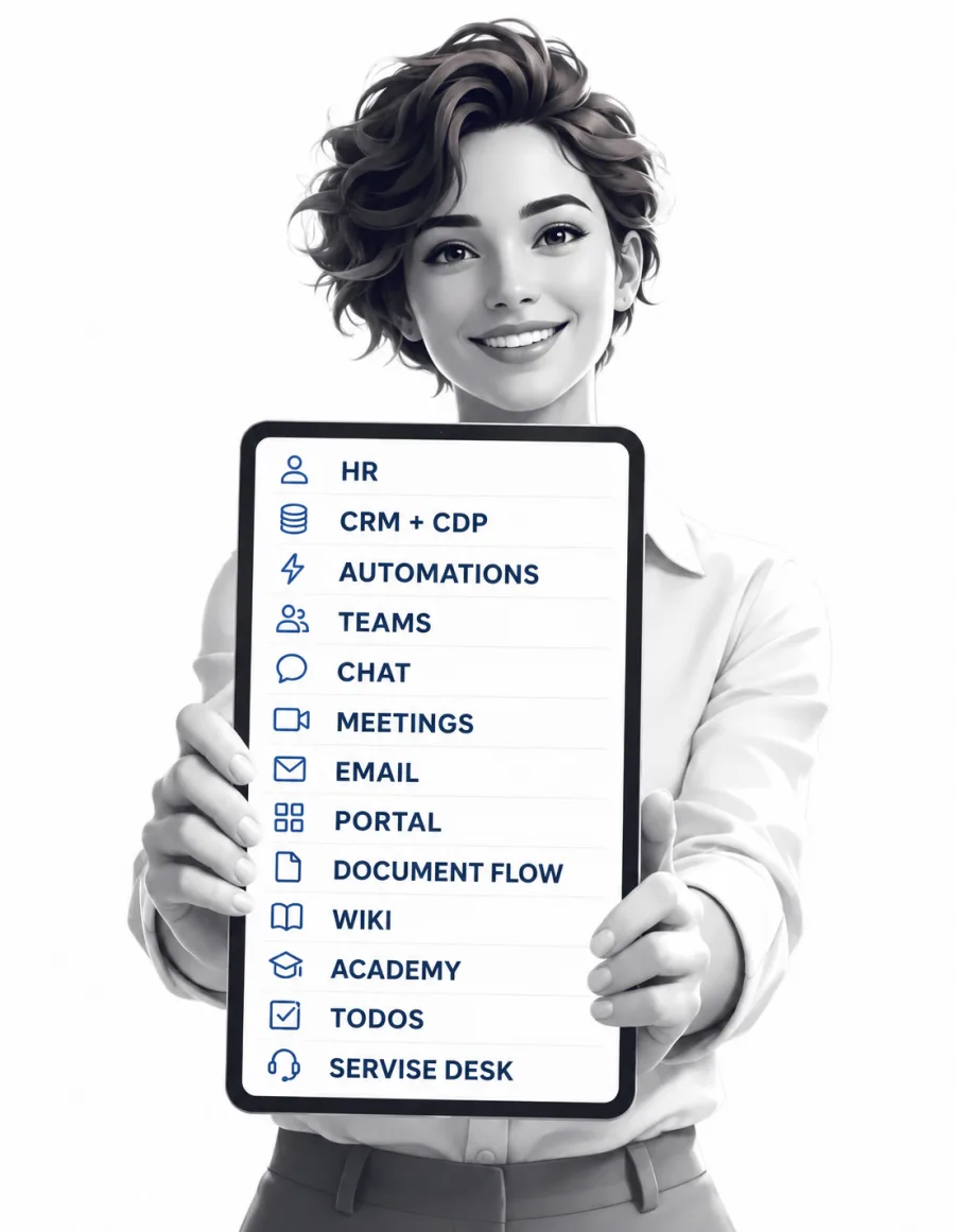Illustration: a person holding a tablet listing the Operations Suite modules